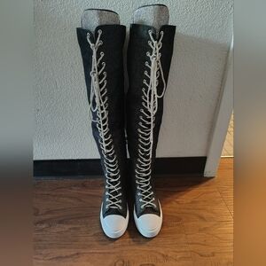 BRAND NEW NEVER WORN Black Lace-Up Over-the-Knee Sneakers with White Toe